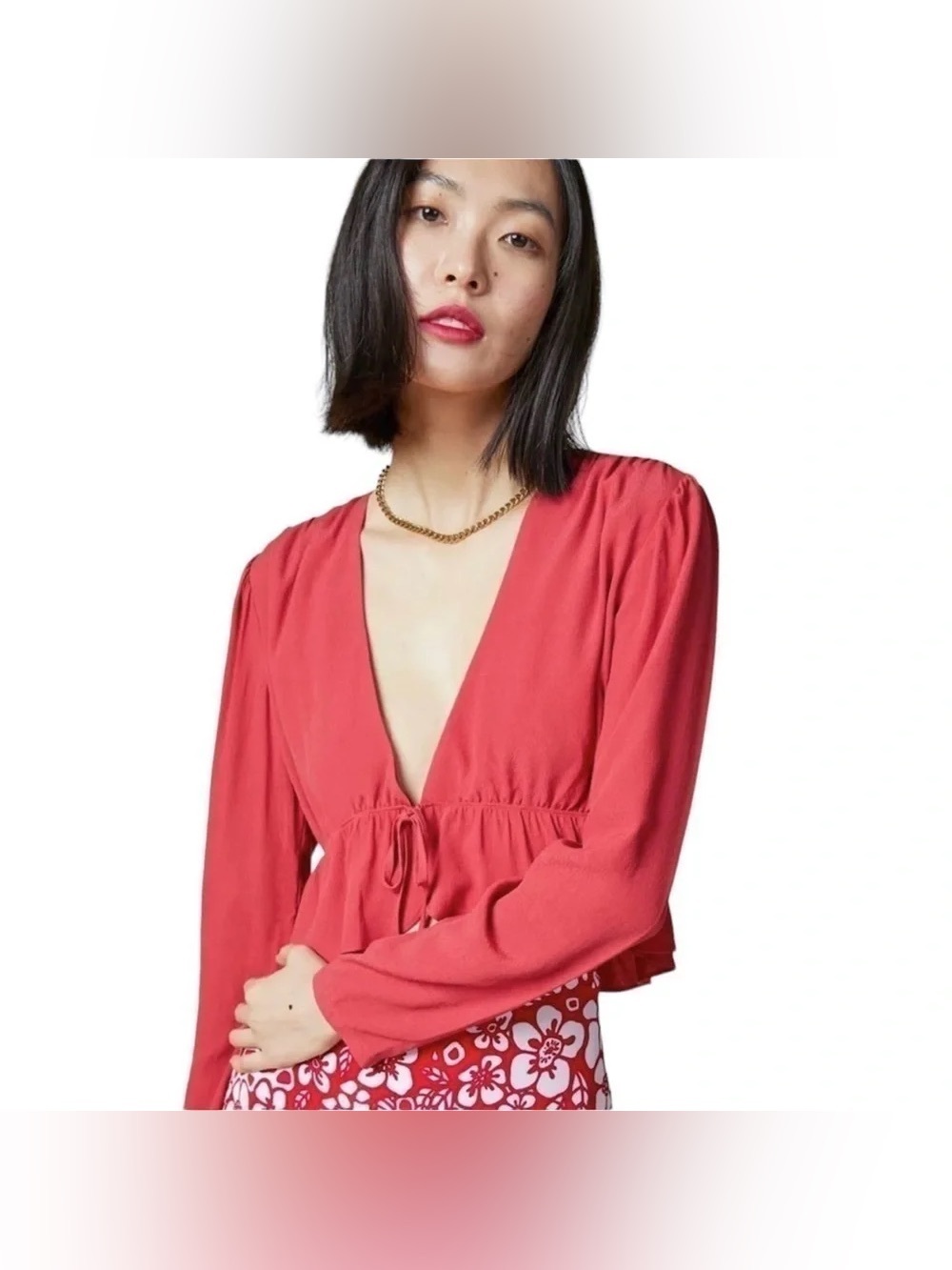 Sunday Best Coral/Red Deep V Tie-Front Blouse